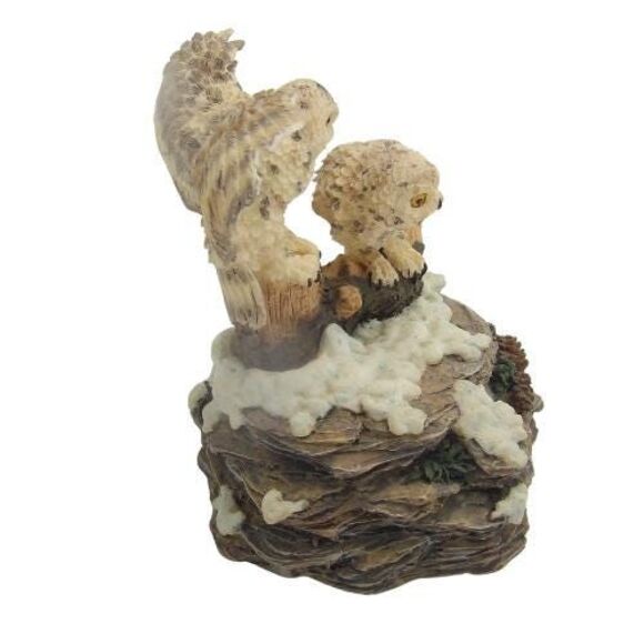 Resin Mother and Baby White Owl Wind Up Music Box - Picture 5 of 6